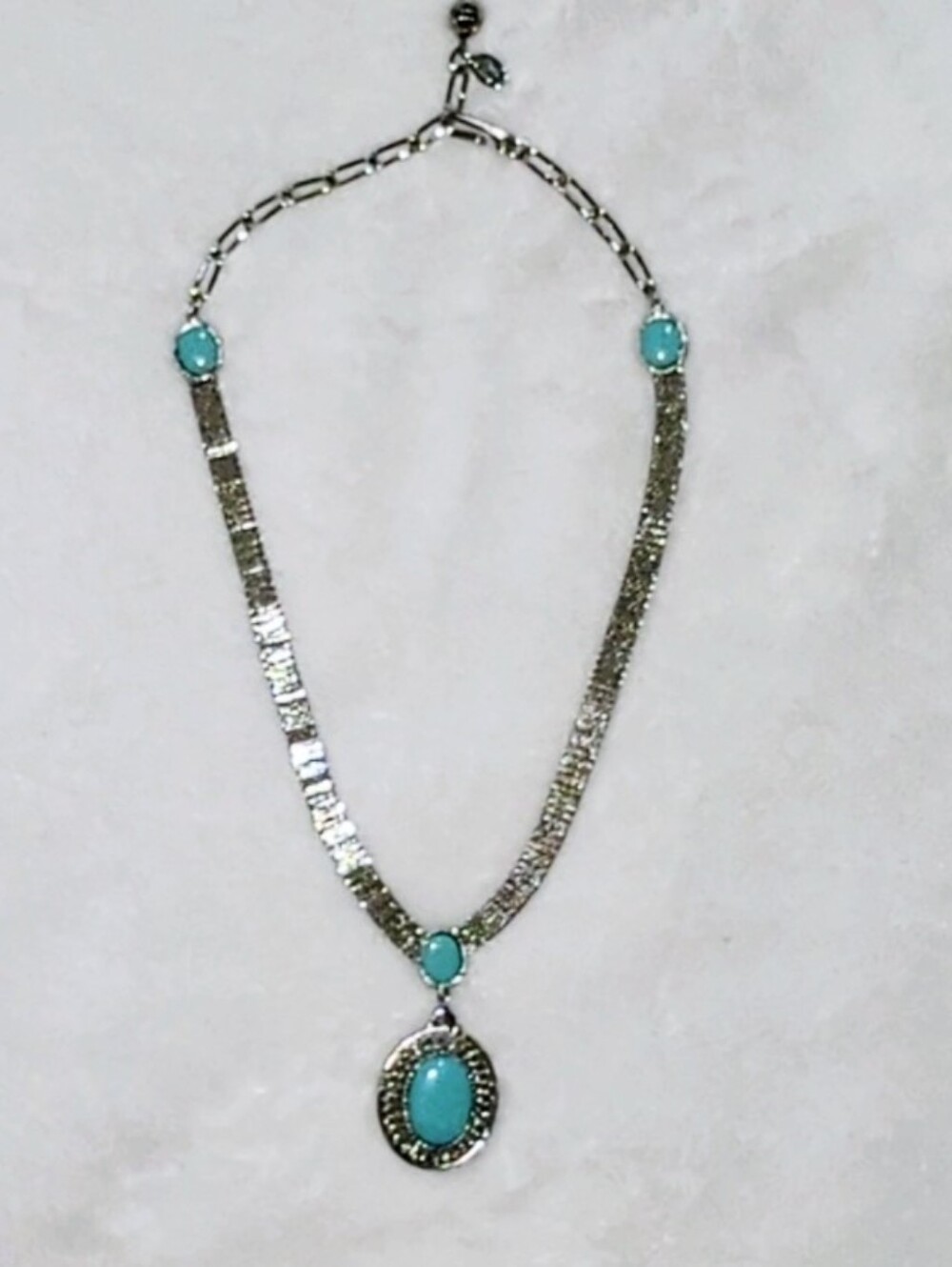 Vintage Park Lane Silver Tone Mesh Choker Necklace & Turquoise Pendant